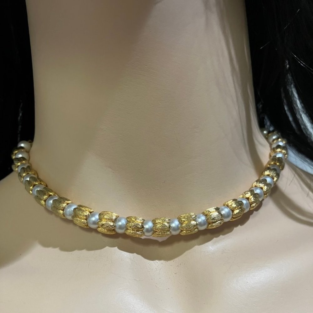 Pearl n Gold Tone Decorative Bead Choker Necklace